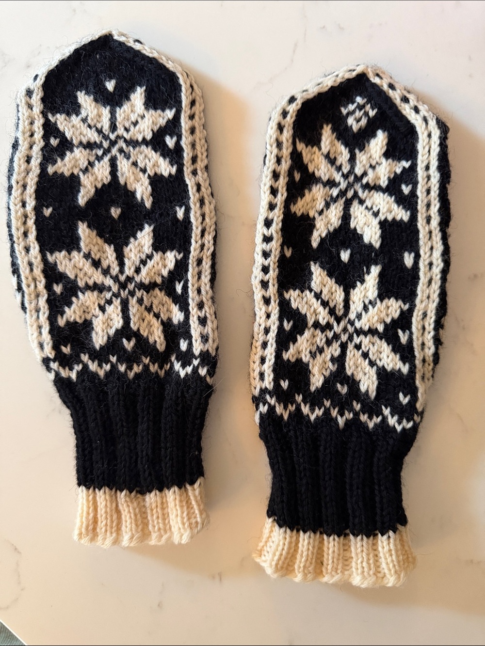 Norwegian Hand-Knit Black and Cream Snowflake Women’s Sweater Mittens Selbu Wool